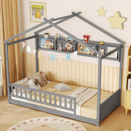 Dreamade Twin Floor House Bed with Storage Shelf, Wood Twin Bed Frames with Headboard & Guardrail