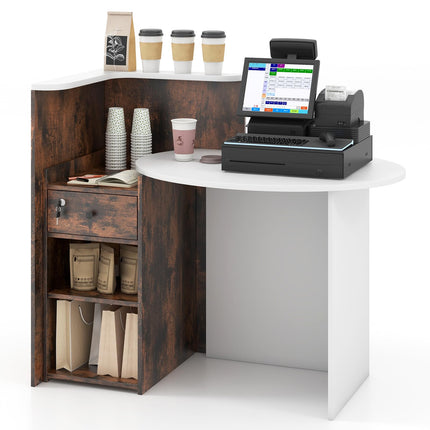 Dreamade Reception Desk, Front Counter Desk with Lockable Drawer, Checkout Table with Round Tabletop