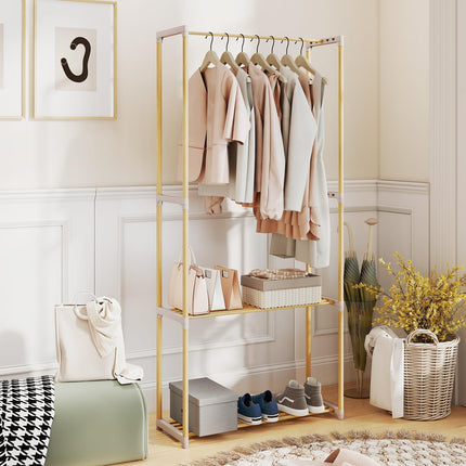 Dreamade Pine Wood Clothes Rack with 2-Tier Open Storage Shelf for Hanging Clothes