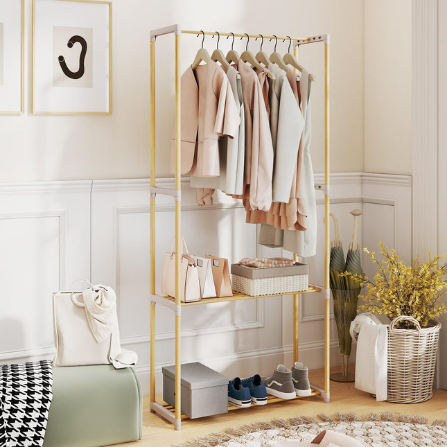 Dreamade Pine Wood Clothes Rack with 2-Tier Open Storage Shelf for Hanging Clothes