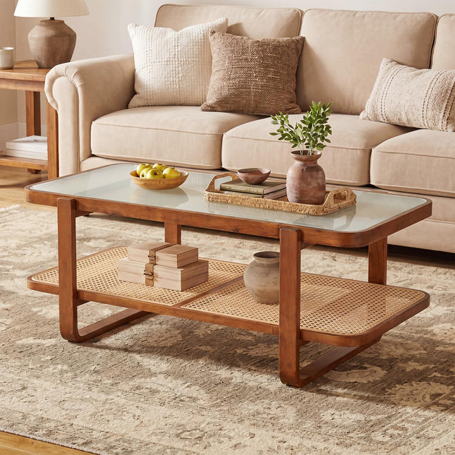 Dreamade Rattan Coffee Table | 41.5" Farmhouse Center Table with Storage & Frosted Tempered Glass