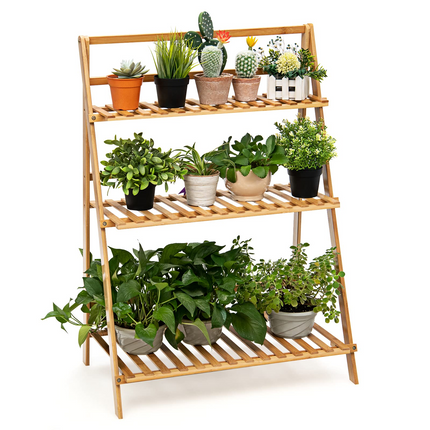 Dreamade 3 Tier Folding Storage Shelf, Bamboo Ladder Plant Stand