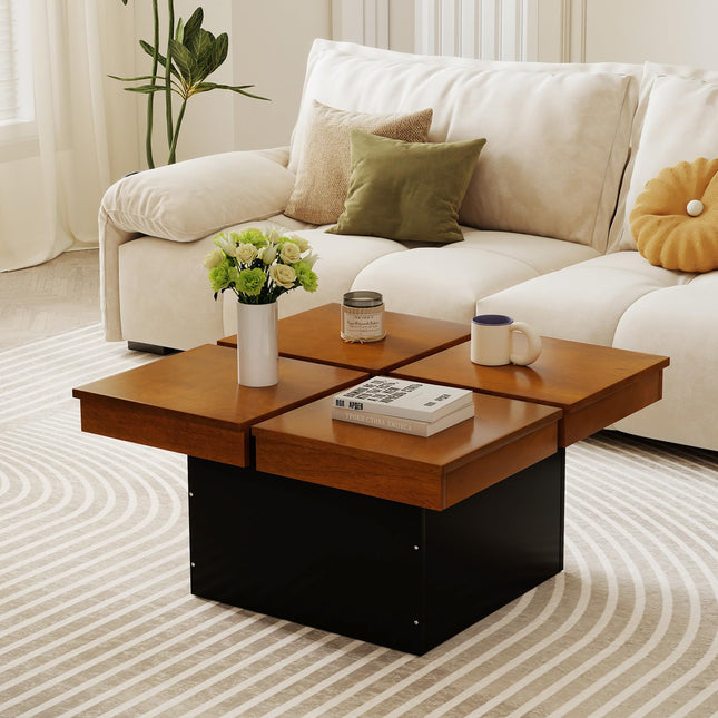 Dreamade Square Coffee Table | 31.5 Inch Mid Century Modern Center Table with Solid Wood Veneered Split Top