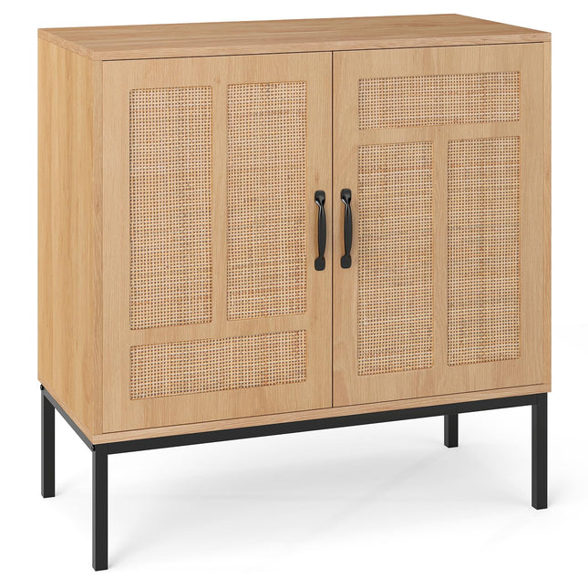 Dreamade Sideboard Cabinet Boho Rattan Buffet Cabinet with Storage Adjustable Shelves 2 Doors