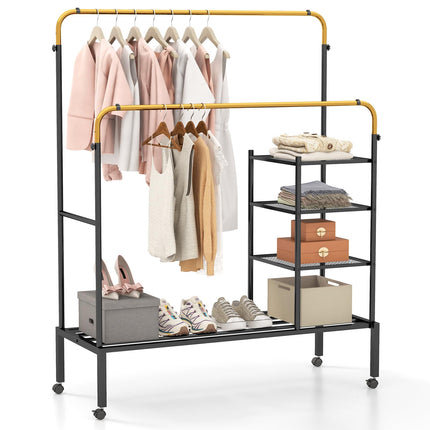 Dreamade Double Rods Garment Rack with Wheels, Clothing Rack w/ 2 Hanging Height Adjustable Rods, Side Mesh Racks