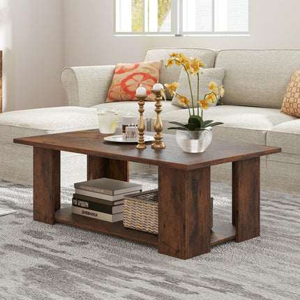 Dreamade Rectangle Wood Center Table, 41" L 2-Tier Large Modern Tea Table w/Open Compartment