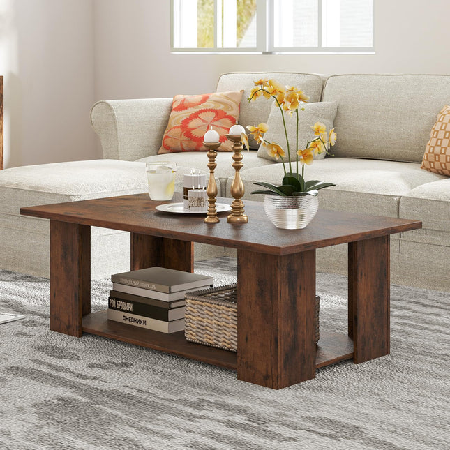 Dreamade Rectangle Wood Center Table, 41" L 2-Tier Large Modern Tea Table w/Open Compartment