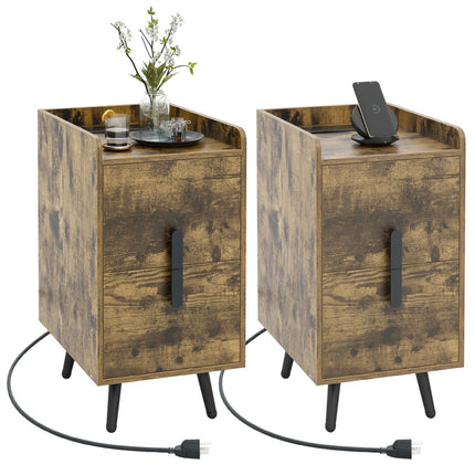 Dreamade Nightstand with Charging Station, Narrow End Table with 2 Drawers & Metal Gold Legs