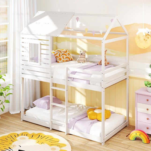 Dreamade White Wood Bunk Bed Twin Over Twin with Ladder and Guardrail