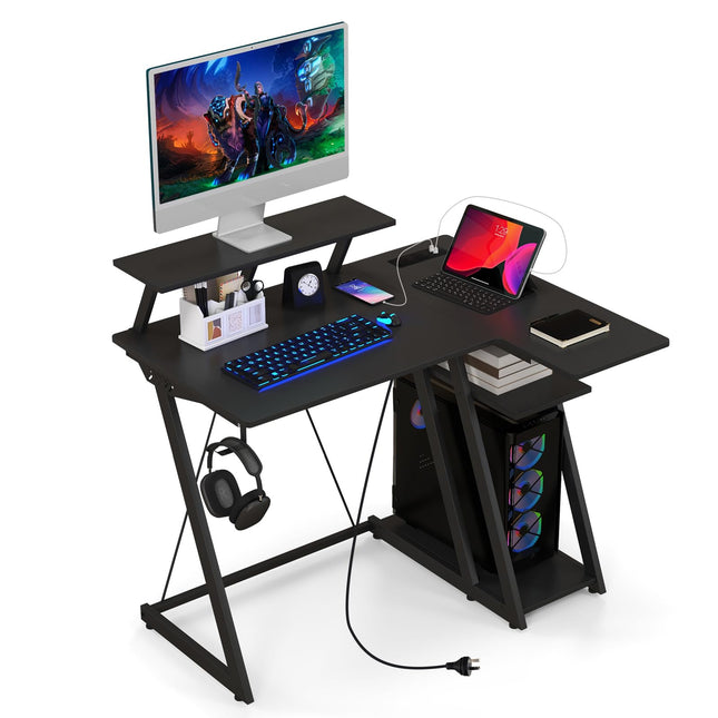 Dreamade L Shaped Gaming Desk with Outlets & USB Ports, Small Computer Desk with Monitor Shelf