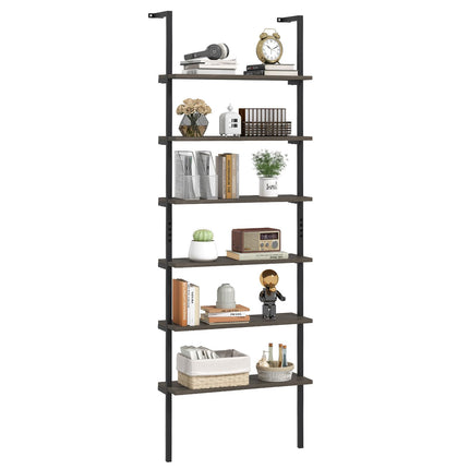 Dreamade 6-Tier Ladder Shelf, 72" Wall Mounted Bookshelf with Metal Frame, Industrial Open Storage Shelves