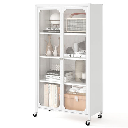 Dreamade Bookcase with Doors 58" Tall 4-Tier Bookshelf with Wheels