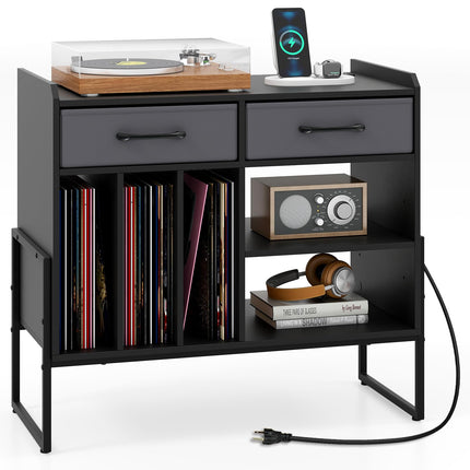 Dreamade Large Record Player Stand with Charging Station Mid Century Modern Vinyl Storage Cabinet