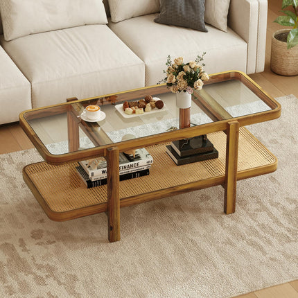 Dreamade Rattan Coffee Table, 47.5" Rectangle Solid Wood Tea Table w/Tempered Glass Tabletop