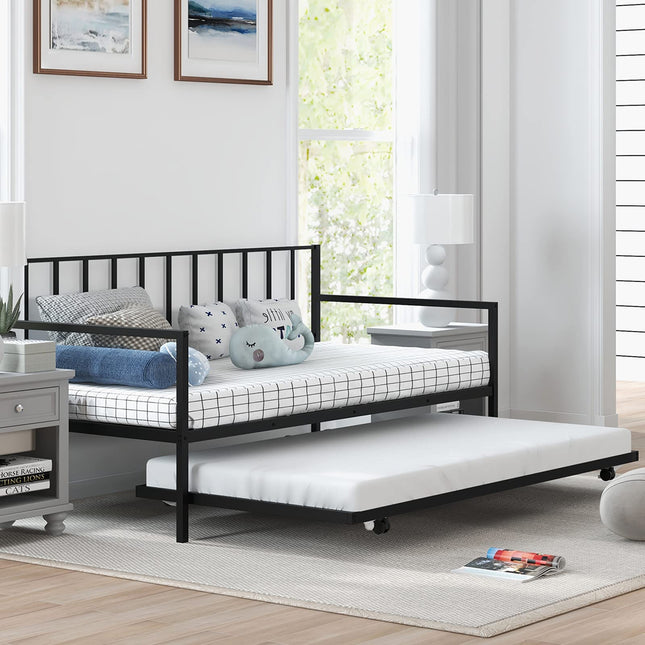 Dreamade Metal Daybed with Trundle, Twin Size Daybed with Pullout Trundle & Steel Slat Support, Black