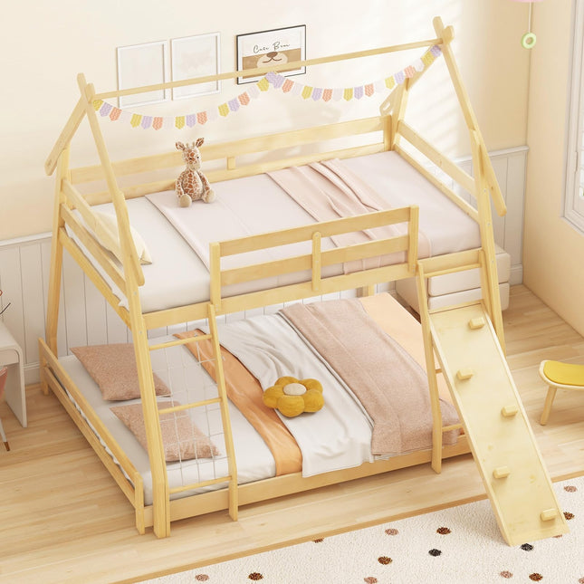 Dreamade Twin Over Queen Bunk Bed, Wood House Bunk Bed for Kids with Climbing Nets and Ramp