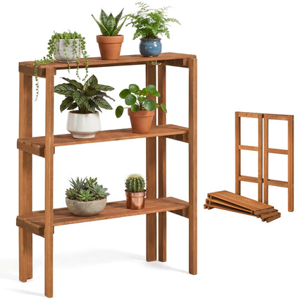 Dreamade 3-Tier Foldable Solid Wood Indoor Outdoor Flower Pot Display Rack