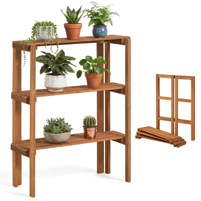 Dreamade 3-Tier Foldable Solid Wood Indoor Outdoor Flower Pot Display Rack
