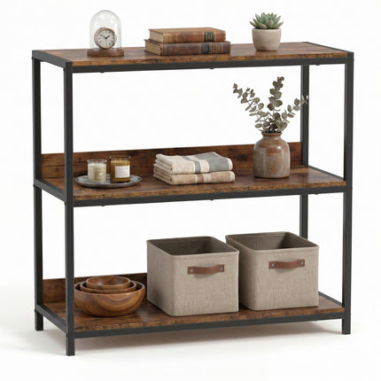 Dreamade Industrial 3-Tier Small Bookshelf with Wooden Shelves and Metal Frame