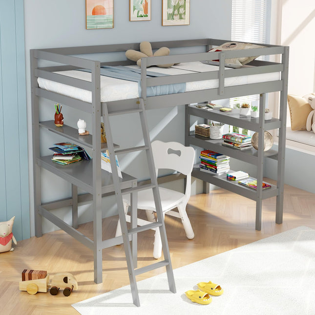 Dreamade Loft Bed with Desk & Bookshelves