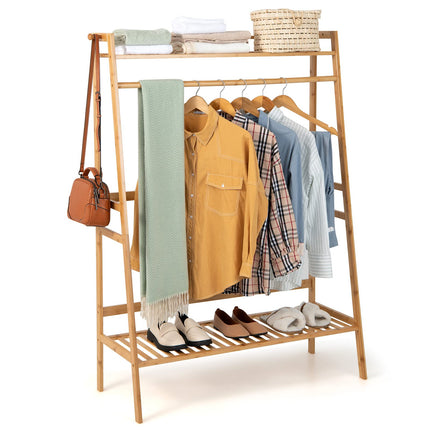 Dreamade 3 Tier Bamboo Clothing Rack with Shelves, Heavy Duty Freestanding Clothes Organizer Rack with Coat Hooks