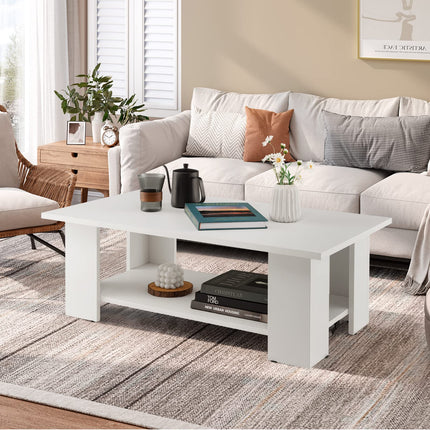 Dreamade Wood Coffee Table w/Storage Shelf, 36"L 2-Tier Large Modern Tea Table, White