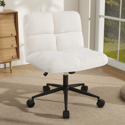 Dreamade Criss Cross Chair with Wheels, Faux Fur Cross Legged Office Chair, Armless Wide Desk Chair