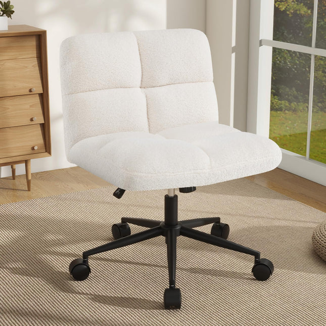 Dreamade Criss Cross Chair with Wheels, Faux Fur Cross Legged Office Chair, Armless Wide Desk Chair