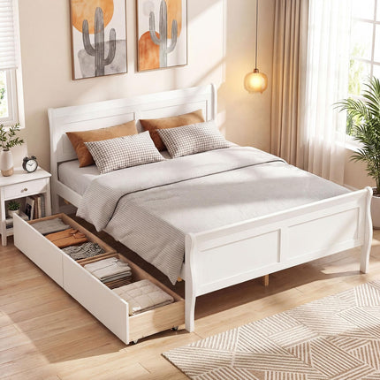 Dreamade Twin/ Full/ Queen Bed with 2 Storage Drawers Wood Platform Bed with Headboard & Footboard