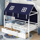 Dreamade Twin House Bed with Tent, Wood Kids Bed with 2 Storage Drawers, Solid Wood Daybed Frame with Rails and Roof