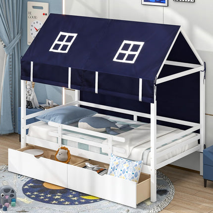 Dreamade Twin House Bed with Tent, Wood Kids Bed with 2 Storage Drawers, Solid Wood Daybed Frame with Rails and Roof