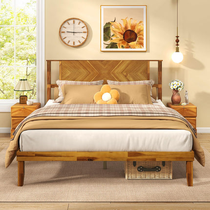 Dreamade Queen/Full/Twin Size Acacia Wood Platform Bed Frame Mid-Century Modern Bed Frame with Headboard
