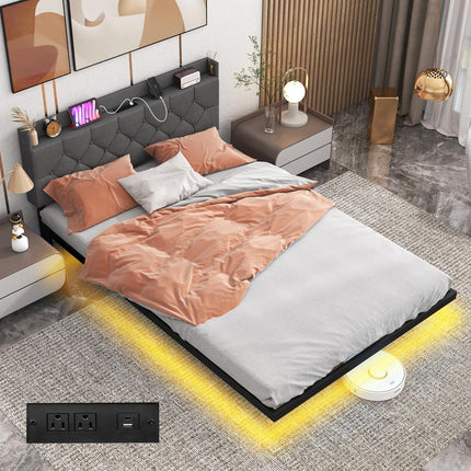 Dreamade Queen/Full Size Floating Bed Frame with LED Lights, Modern Platform Bed with Adjustable Upholstered Headboard & Charging Station