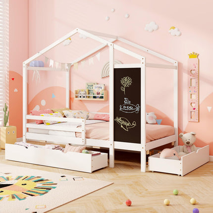 Dreamade Twin Bed with 2 Storage Drawers, Solid Wood House Bed with Blackboard & Safety Guardrails
