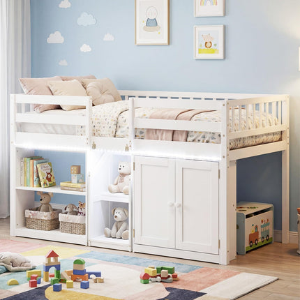 Dreamade Low Loft Bed Twin Size with LED Lights, Wooden Bed Frame
