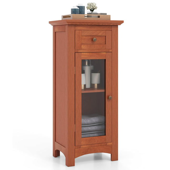 Dreamade Small Bathroom Storage Cabinet, Freestanding Narrow Bathroom Cabinet with Single Glass Door, Drawer