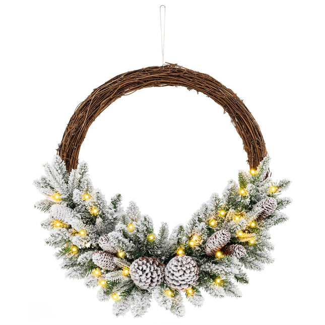 Dreamade 24” Pre-Lit Artificial Christmas Wreath, Snow Flocked Xmas Wreath with 35 Battery Operated Warm White LED Lights