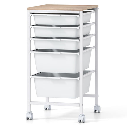 Dreamade 5-Drawer Rolling Storage Cart Mobile Utility Organizer with Wooden Tabletop and Lockable Wheels