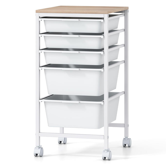 Dreamade 5-Drawer Rolling Storage Cart Mobile Utility Organizer with Wooden Tabletop and Lockable Wheels