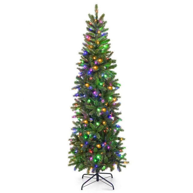 Dreamade 6ft / 7ft Pre-Lit Pencil Christmas Tree, Hinged Artificial Slim Tree with 648 PVC PE Branch Tips - DreamadeUS