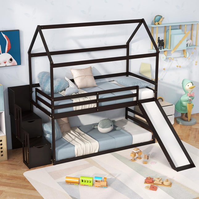 Dreamade House Bunk Bed Twin Over Twin with Slide and Storage Stairs, Solid Wood Low Loft Bed Frame with Roof & Guardrail