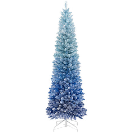 Dreamade 6 FT Blue Gradient Snow Flocked Christmas Tree, Artificial Unlit Hinged Xmas Full Tree with 435 Lush Branch Tips