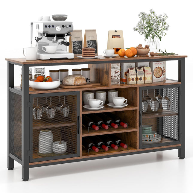 Dreamade Coffee Bar Cabinet for Liquor and Glasses, 55” Buffet Sideboard with 8-Bottle Wine Racks, 6 Rows of Wine Glass Holders