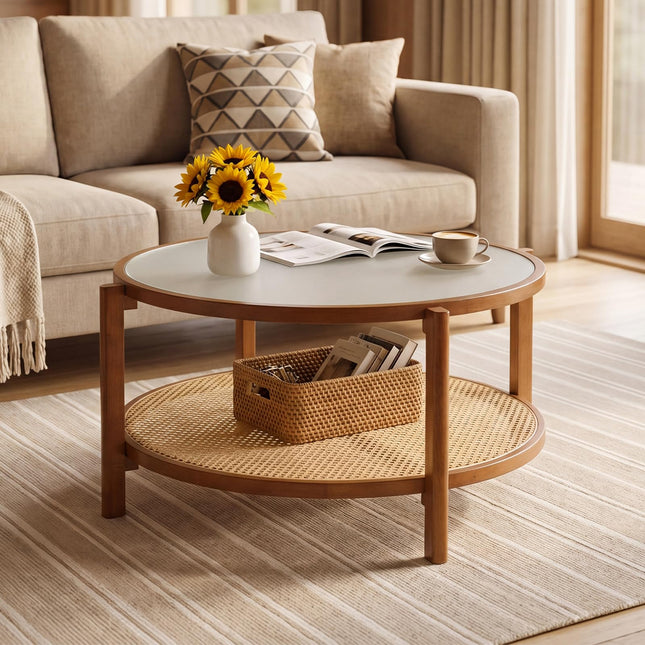 Dreamade 35" Rattan Farmhouse Glass Center Table with Storage