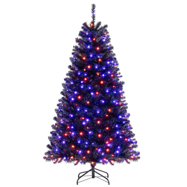 Dreamade 6/7/8 FT Pre-Lit Black Halloween Tree, Artificial Hinged Christmas Tree with 280/380/500 Orange & Purple LED Lights