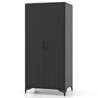 Dreamade Wicker Storage Cabinet, 62” Tall Pantry Cabinet with 2 Doors, Hanging Rod, 4 Storage Cubes