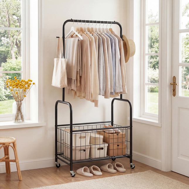 Dreamade 35" Clothes Rack with Storage Basket & Lockable Wheels