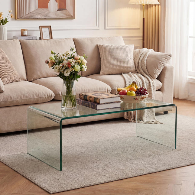 Dreamade 40 Inch Clear Center Coffee Table with Tempered Glass Top & Round Edges