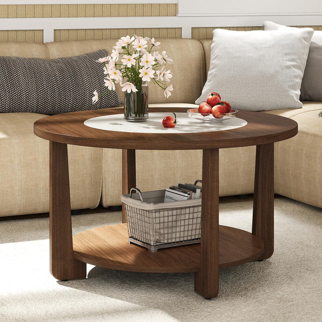 Dreamade 2-Tier Round Farmhouse Living Room Coffee Table with 2-Tone Tabletop