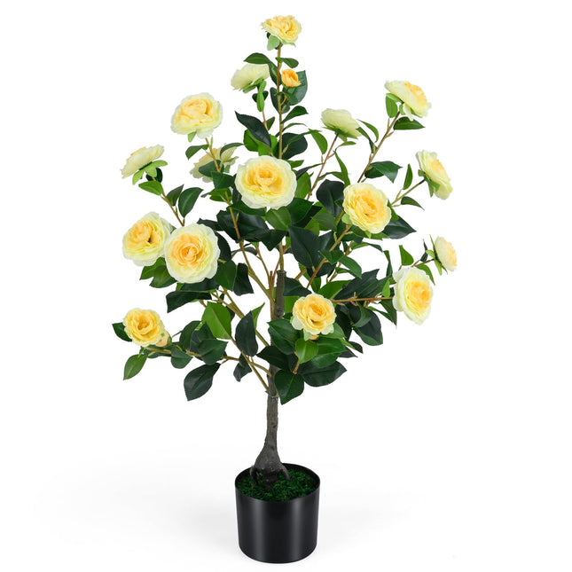 Dreamade 35.5" Artificial Camellia Tree Faux Floral Plant Blooming Tree in Cement Pot